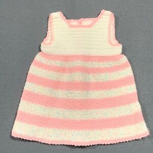 Handmade Crochet Baby Dress Pink White Striped Elephant Buttons Sleeveless Knit